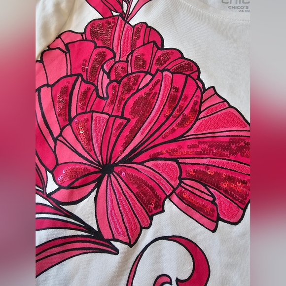 Chico's Size Large Cotton Kasbah Pink Floral Embellished Perfect Tee 3/4 Sleeve - Picture 4 of 9